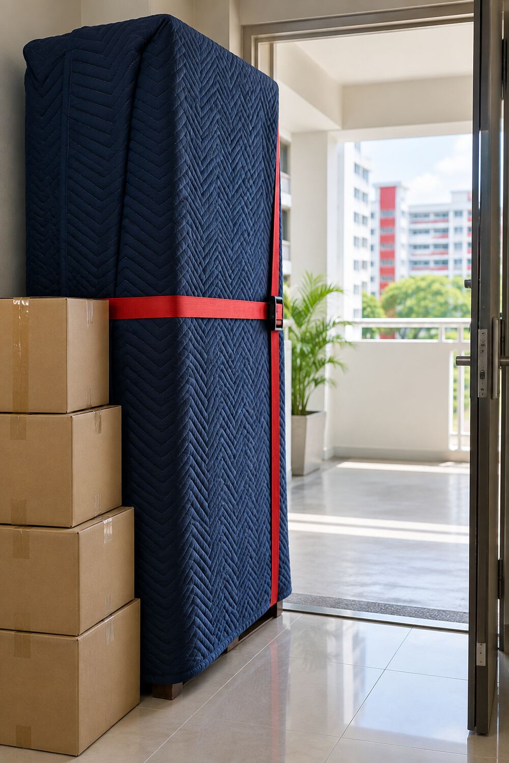 Wardrobe wrapped in a navy moving blanket beside stacked cartons