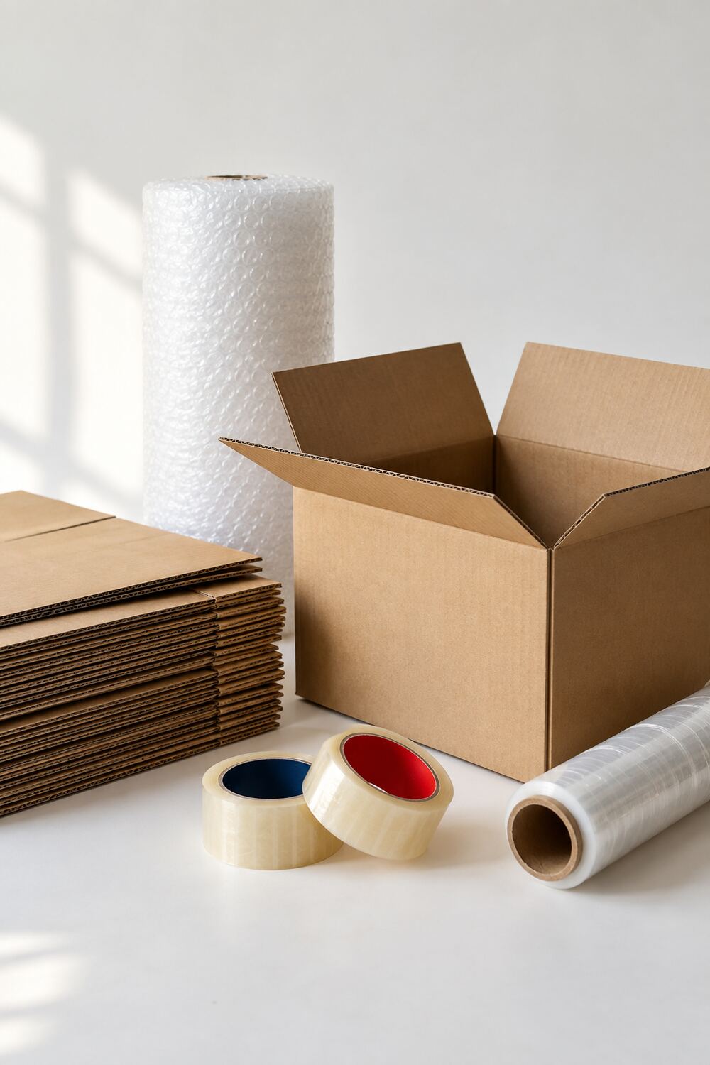 Cartons, bubble wrap, OPP tape and shrink wrap