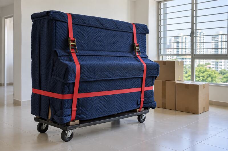 Upright piano wrapped in navy blankets on a dolly