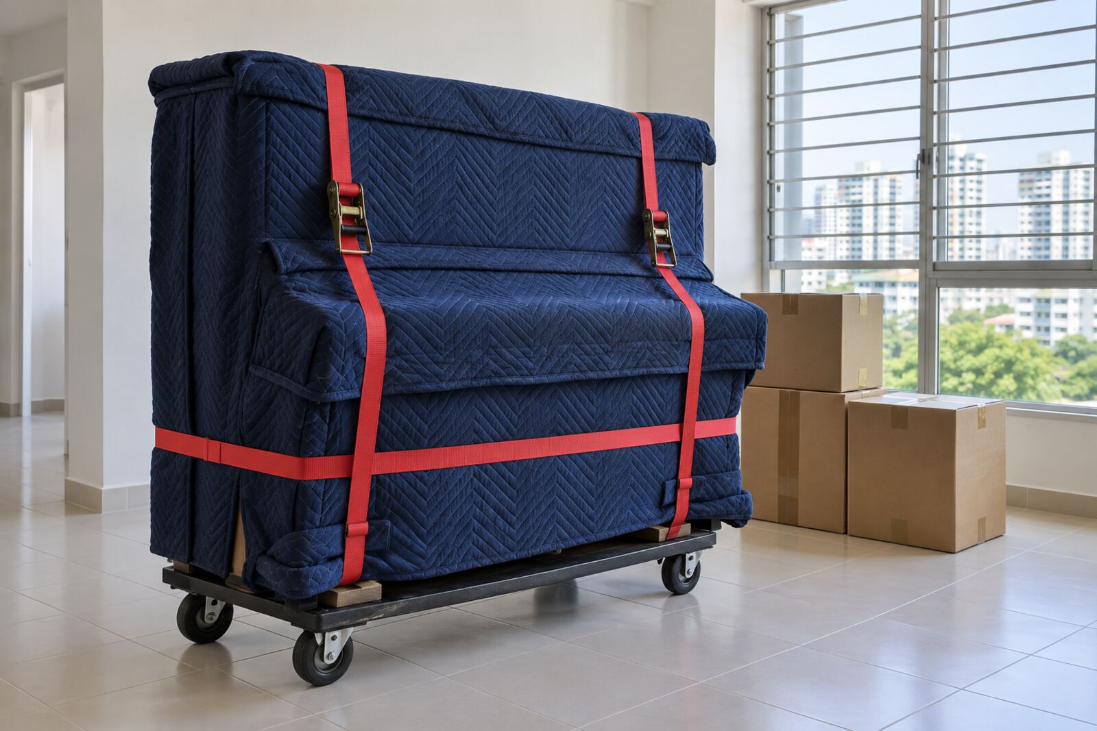 Piano wrapped in navy moving blankets