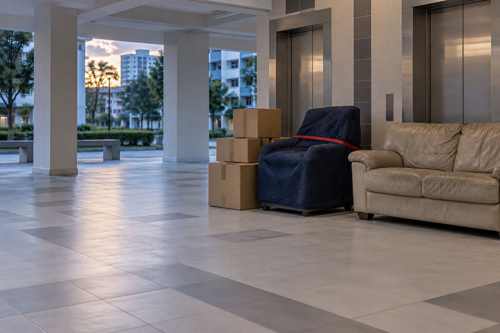 Cartons and old furniture waiting at an HDB void deck